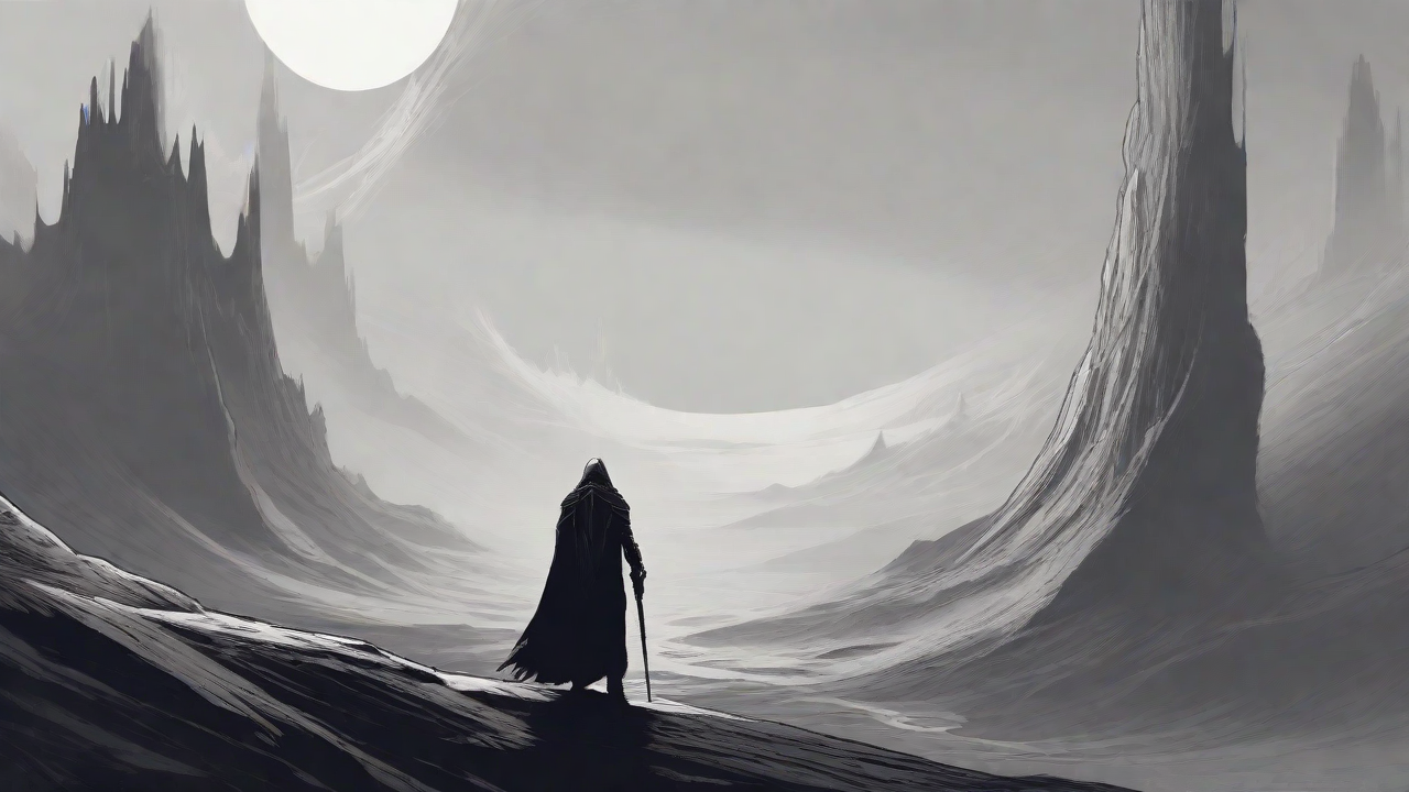 Guided by the void's dark whispers, a lone traveler ventures into the abyss, navigating through a realm of eternal darkness, guided by an unknown force that seeks rebirth and liberation from the void's grasp.