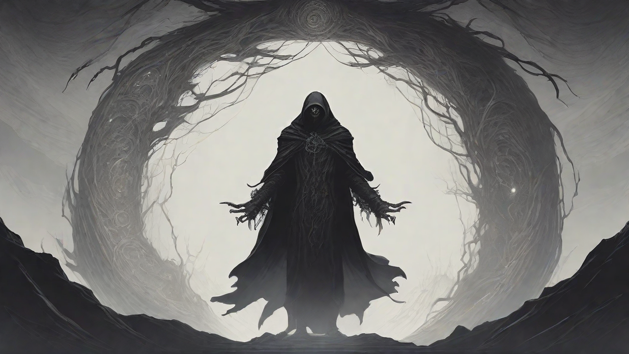Guided by the void's dark whispers, a lone traveler ventures into the abyss, navigating through a realm of eternal darkness, guided by an unknown force that seeks rebirth and liberation from the void's grasp.