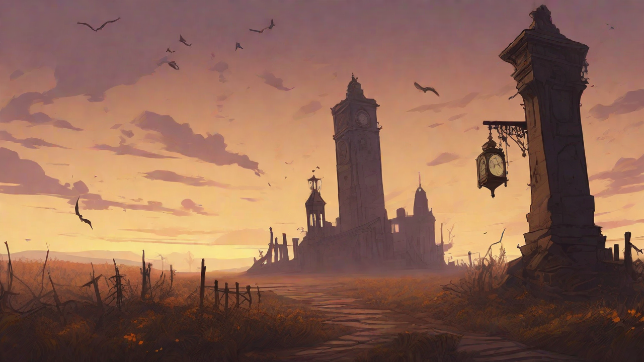 Barren wasteland, skeletal ruins, overgrown gardens, lone figure, flickering lanterns, and a broken clock tower in the distance, set against a perpetual golden sunset.
