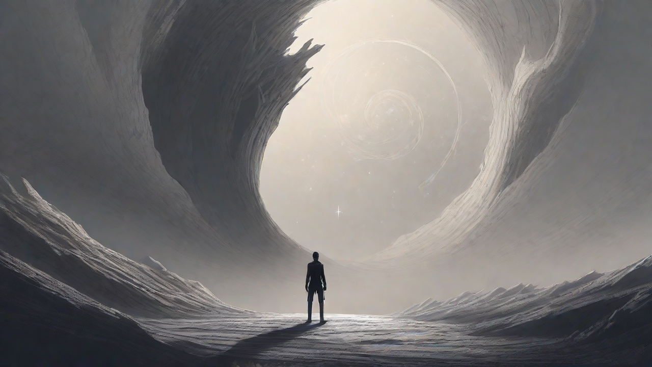 In the depths of a swirling void, a lone figure stands at the precipice, illuminated only by the faint glow of a dying star, as they embark on a perilous journey through the abyss towards an unknown destination.