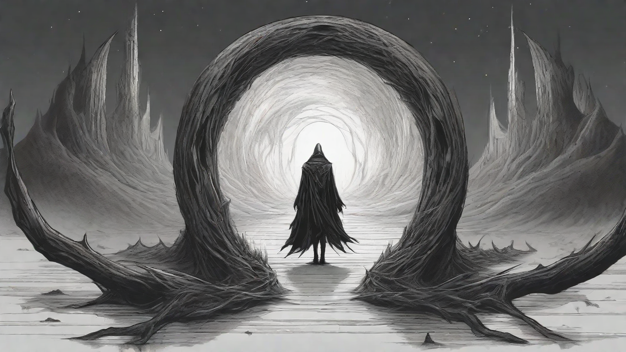 Guided by the void's dark whispers, a lone traveler ventures into the abyss, navigating through a realm of eternal darkness, guided by an unknown force that seeks rebirth and liberation from the void's grasp.