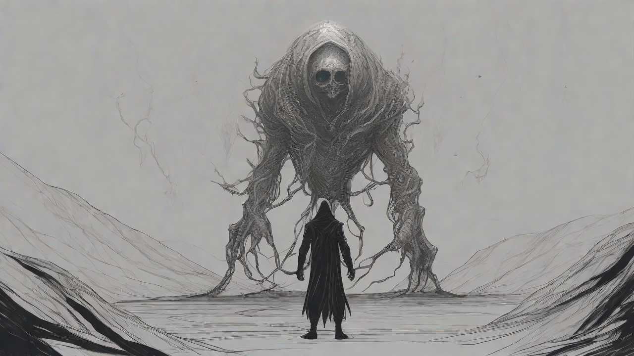 Guided by the void's dark whispers, a lone traveler ventures into the abyss, navigating through a realm of eternal darkness, guided by an unknown force that seeks rebirth and liberation from the void's grasp.