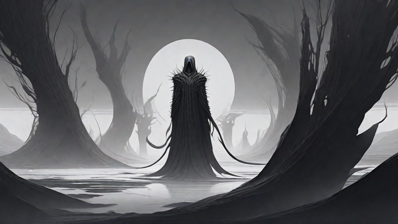 As the void's abyssal silence envelops them, a figure stands at the edge, their footsteps echoing through the void, guided by an unseen power that pushes them towards an otherworldly realm, where eternal rebirth awaits.