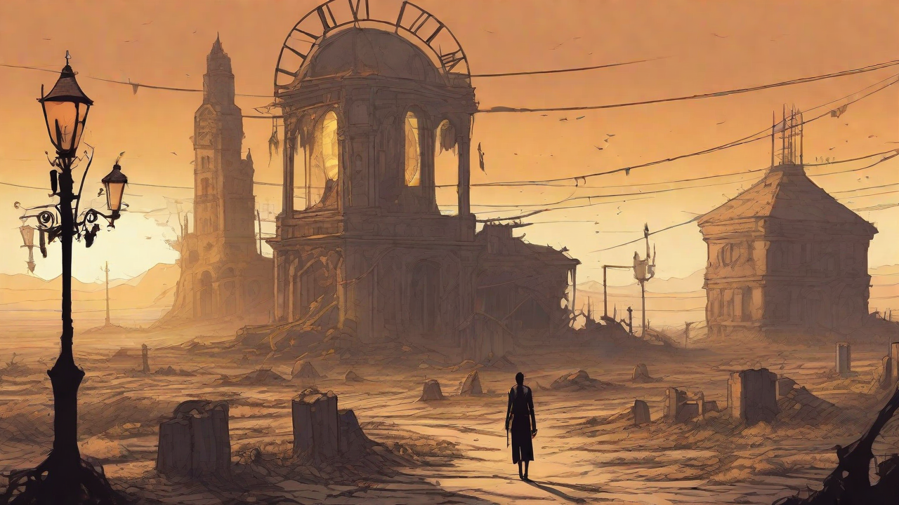 Barren wasteland, skeletal ruins, overgrown gardens, lone figure, flickering lanterns, and a broken clock tower in the distance, set against a perpetual golden sunset.