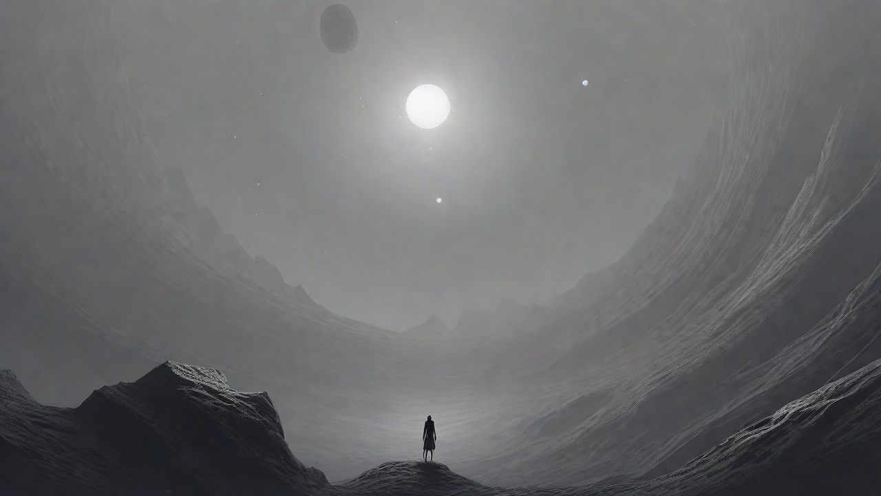 In a swirling void, a lone figure stands on the abyssal precipice, illuminated by the dying star, as they embark on a perilous journey through eternal darkness towards an unknown and mysterious destination.