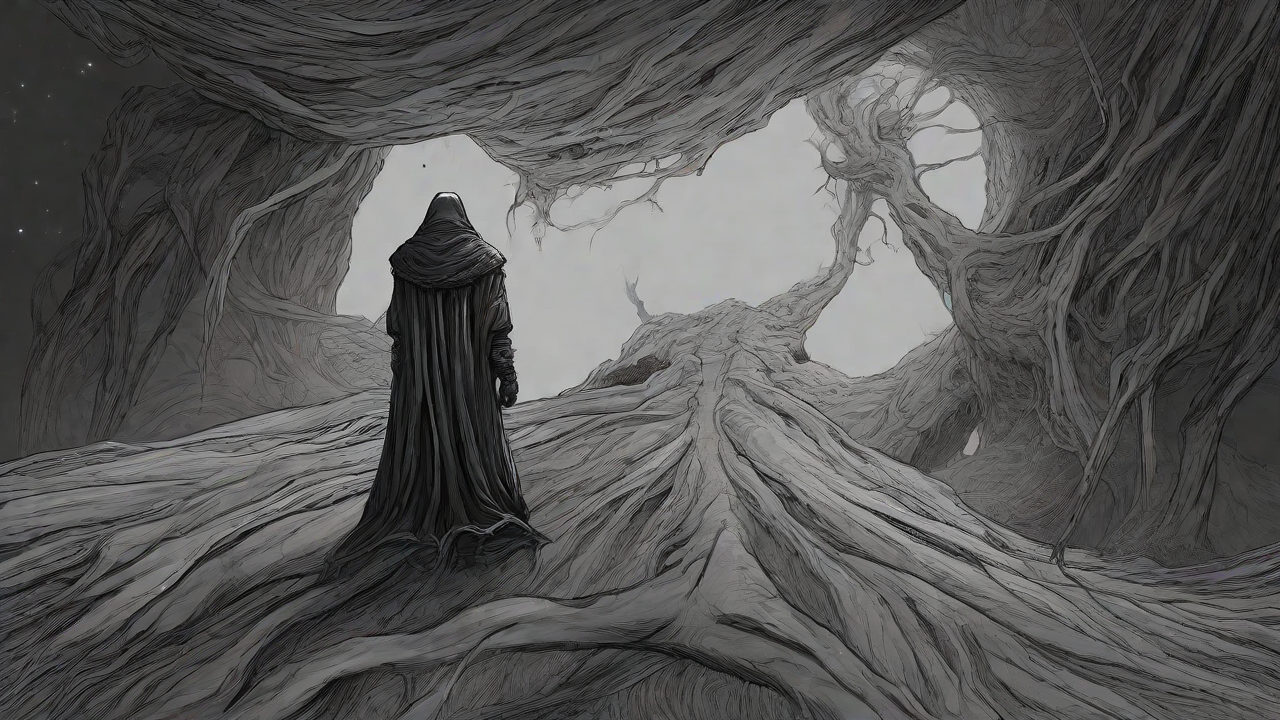 Guided by the void's dark whispers, a lone traveler ventures into the abyss, navigating through a realm of eternal darkness, guided by an unknown force that seeks rebirth and liberation from the void's grasp.