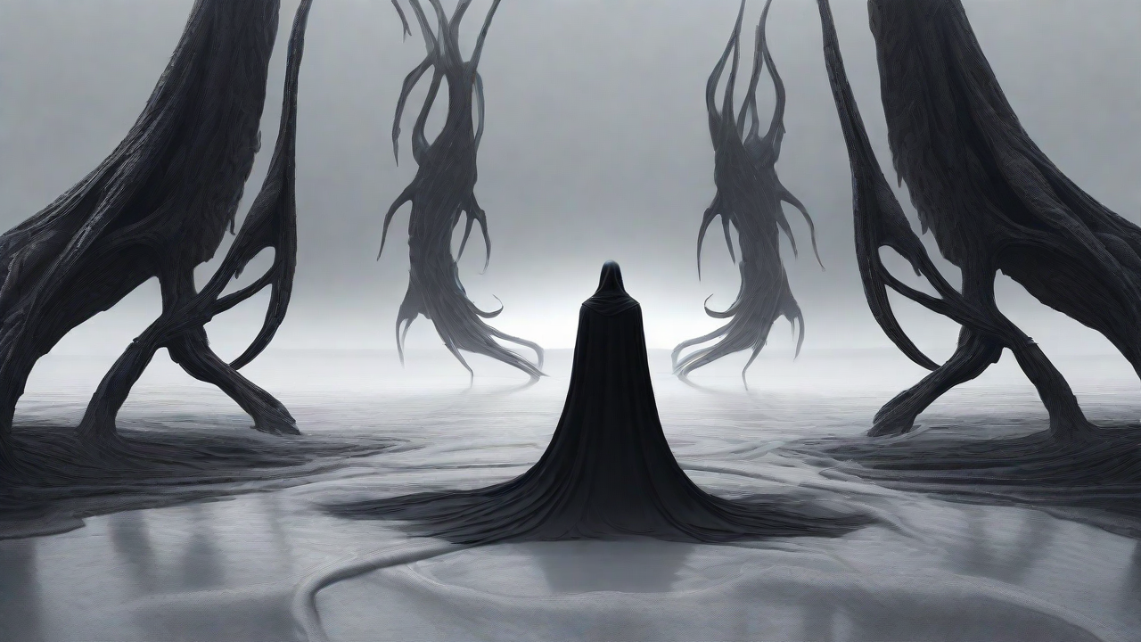 As the void's abyssal silence envelops them, a figure stands at the edge, their footsteps echoing through the void, guided by an unseen power that pushes them towards an otherworldly realm, where eternal rebirth awaits.