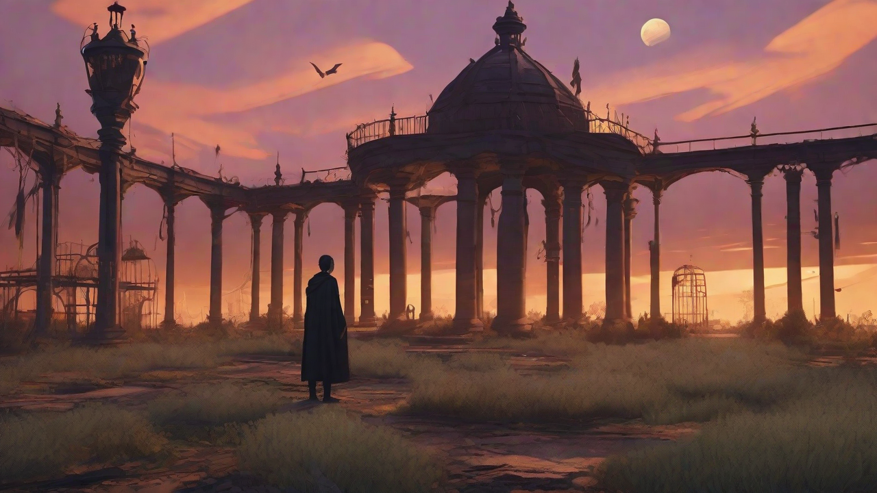 Barren wasteland, skeletal ruins, overgrown gardens, lone figure, flickering lanterns, and a broken clock tower in the distance, set against a perpetual golden sunset.