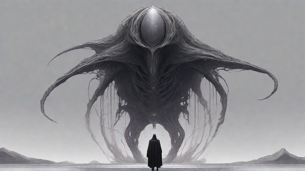 As the void's abyssal silence envelops them, a figure stands at the edge, their footsteps echoing through the void, guided by an unseen power that pushes them towards an otherworldly realm, where eternal rebirth awaits.