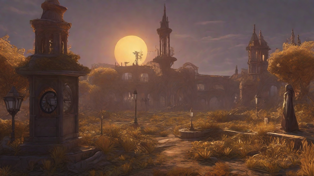 Barren wasteland, skeletal ruins, overgrown gardens, lone figure, flickering lanterns, and a broken clock tower in the distance, set against a perpetual golden sunset.
