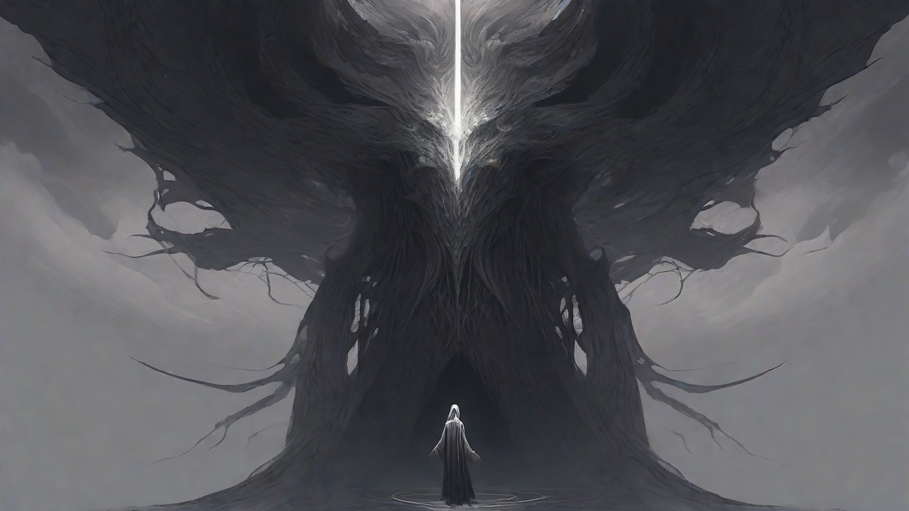 As the void's abyssal silence envelops them, a figure stands at the edge, their footsteps echoing through the void, guided by an unseen power that pushes them towards an otherworldly realm, where eternal rebirth awaits.