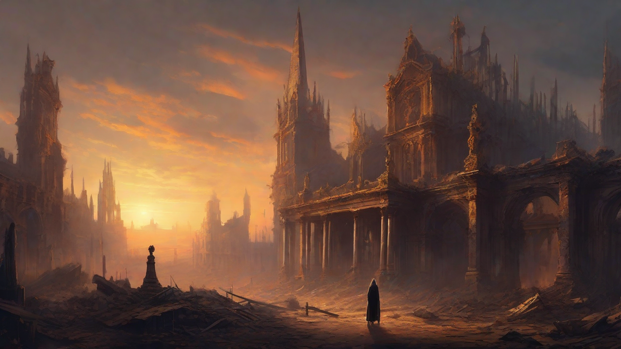 A hauntingly beautiful, ruined cityscape, with crumbling spires and grand architecture, set against a backdrop of a perpetual, golden sunset, with a lone figure dancing amidst the ruins.