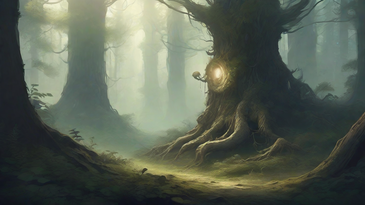 A bleak, mystical forest, where ancient trees loom over a clearing, surrounded by a ring of mushrooms, and a faint glow emanates from a lone, glowing artifact, pulsing with an otherworldly energy.