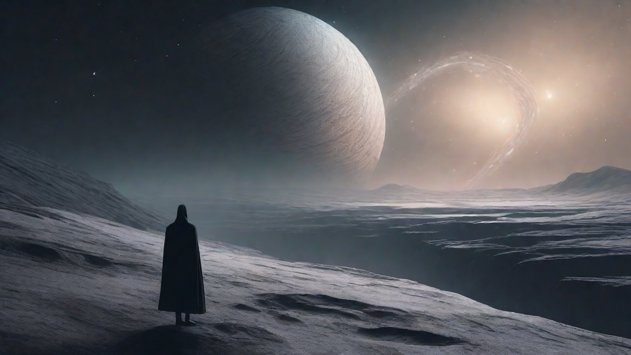 In the depths of a swirling void, a lone figure stands at the precipice, illuminated only by the faint glow of a dying star, as they embark on a perilous journey through the abyss towards an unknown destination.
