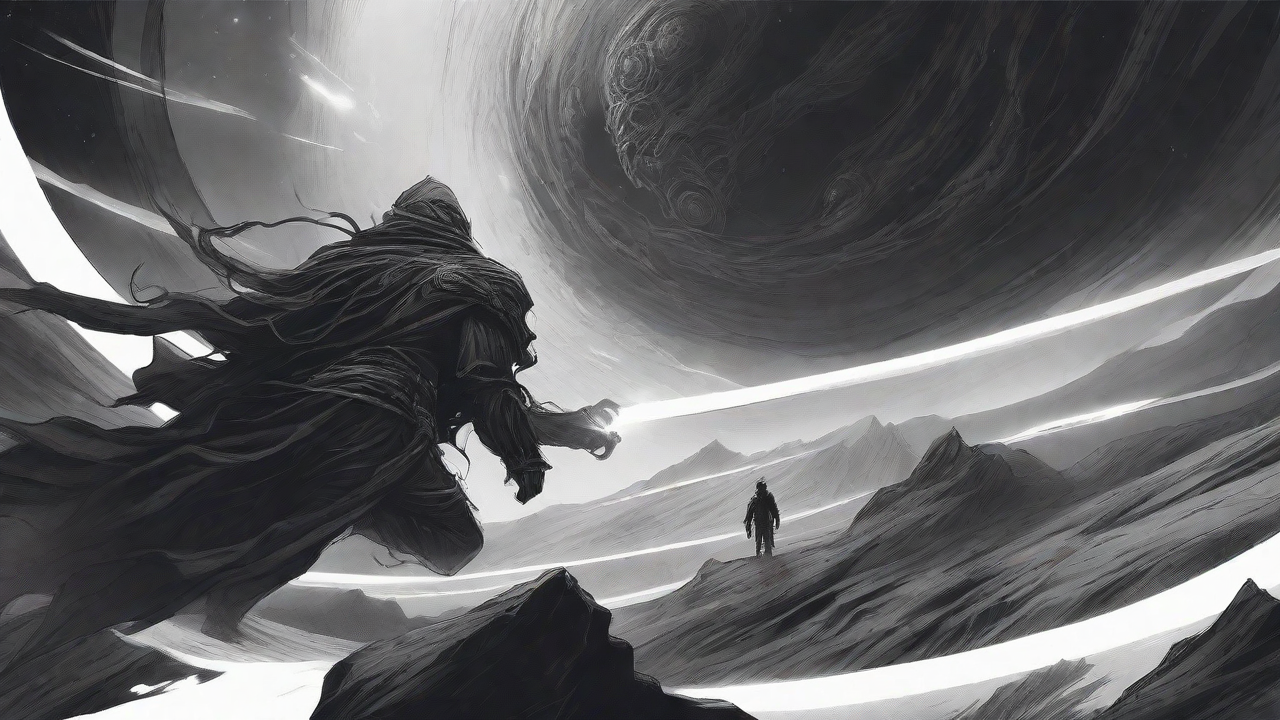 Guided by the void's dark whispers, a lone traveler ventures into the abyss, navigating through a realm of eternal darkness, guided by an unknown force that seeks rebirth and liberation from the void's grasp.