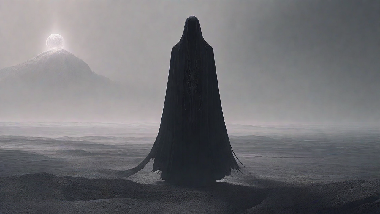 As the void's abyssal silence envelops them, a figure stands at the edge, their footsteps echoing through the void, guided by an unseen power that pushes them towards an otherworldly realm, where eternal rebirth awaits.