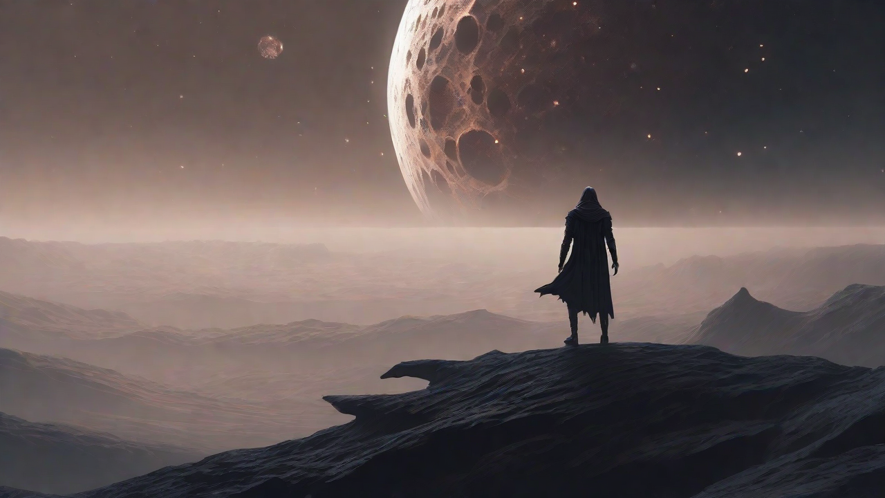 In a swirling void, a lone figure stands on the abyssal precipice, illuminated by the dying star, as they embark on a perilous journey through eternal darkness towards an unknown and mysterious destination.