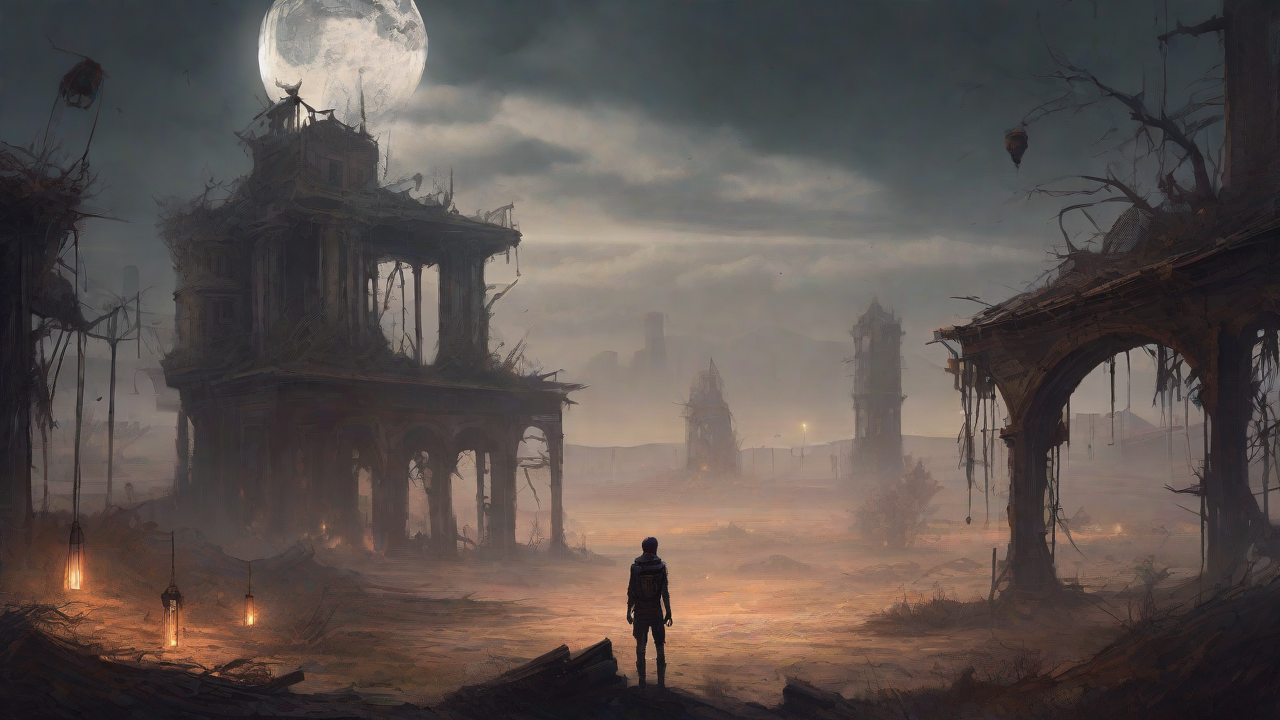 A barren, post-apocalyptic landscape with skeletal ruins, overgrown gardens, and a lone figure standing amidst the desolation, surrounded by flickering lanterns and a distant hint of a broken clock tower.