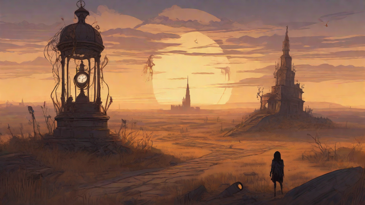 Barren wasteland, skeletal ruins, overgrown gardens, lone figure, flickering lanterns, and a broken clock tower in the distance, set against a perpetual golden sunset.