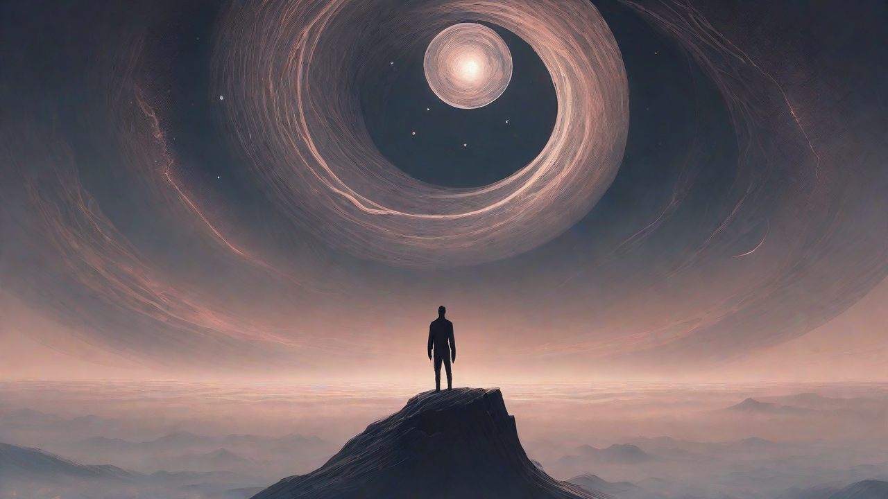 In the depths of a swirling void, a lone figure stands at the precipice, illuminated only by the faint glow of a dying star, as they embark on a perilous journey through the abyss towards an unknown destination.