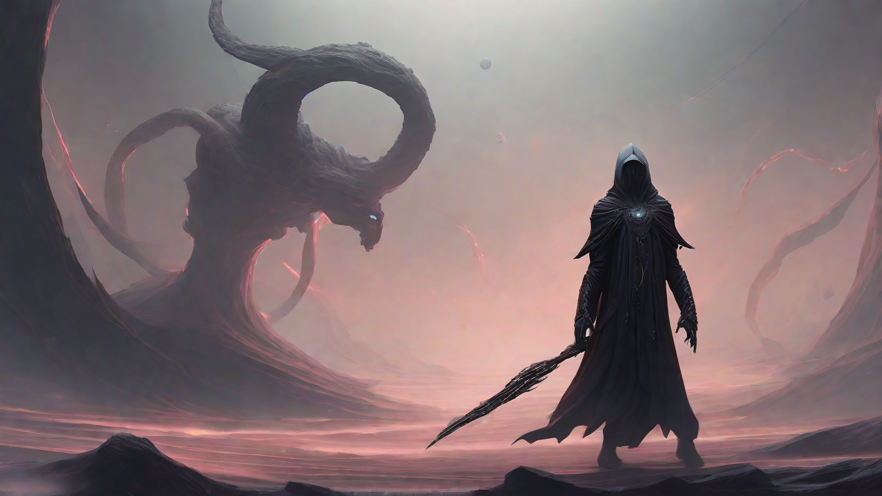 As the void's abyssal silence envelops them, a figure stands at the edge, their footsteps echoing through the void, guided by an unseen power that pushes them towards an otherworldly realm, where eternal rebirth awaits.
