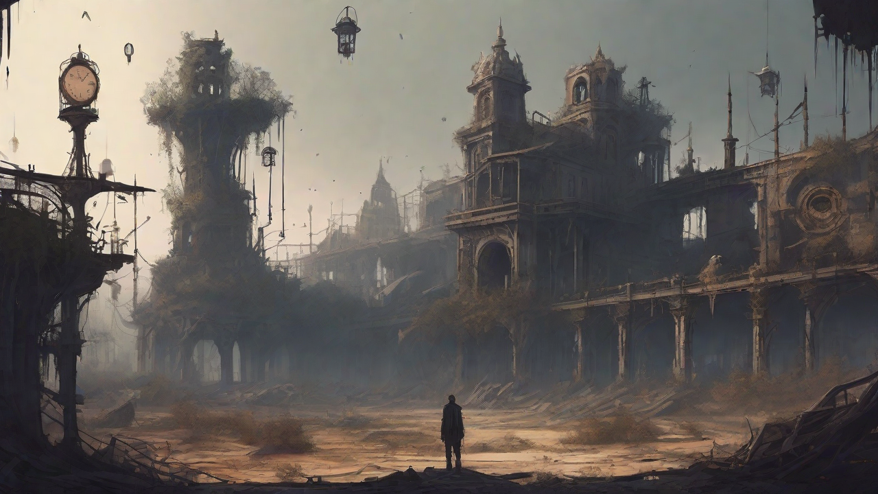 A barren, post-apocalyptic landscape with skeletal ruins, overgrown gardens, and a lone figure standing amidst the desolation, surrounded by flickering lanterns and a distant hint of a broken clock tower.
