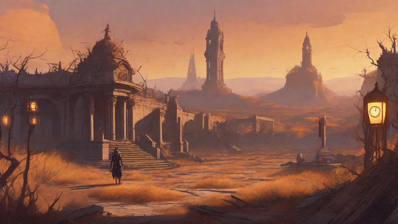 Barren wasteland, skeletal ruins, overgrown gardens, lone figure, flickering lanterns, and a broken clock tower in the distance, set against a perpetual golden sunset.