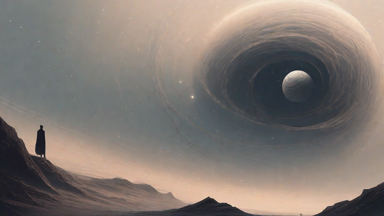 In the depths of a swirling void, a lone figure stands at the precipice, illuminated only by the faint glow of a dying star, as they embark on a perilous journey through the abyss towards an unknown destination.