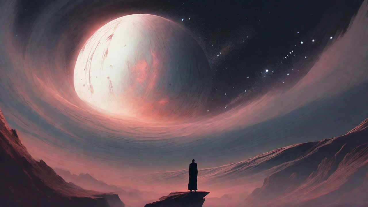 In a swirling void, a lone figure stands on the abyssal precipice, illuminated by the dying star, as they embark on a perilous journey through eternal darkness towards an unknown and mysterious destination.