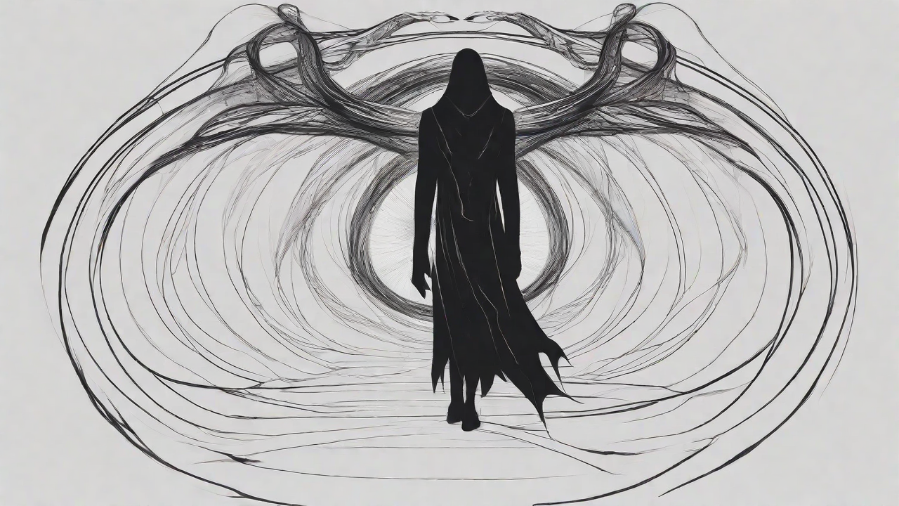 As the void's abyssal silence envelops them, a figure stands at the edge, their footsteps echoing through the void, guided by an unseen power that pushes them towards an otherworldly realm, where eternal rebirth awaits.