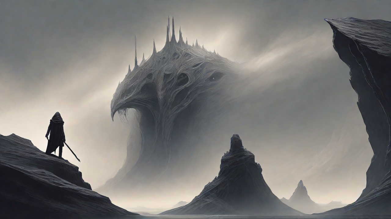 Guided by the void's dark whispers, a lone traveler ventures into the abyss, navigating through a realm of eternal darkness, guided by an unknown force that seeks rebirth and liberation from the void's grasp.