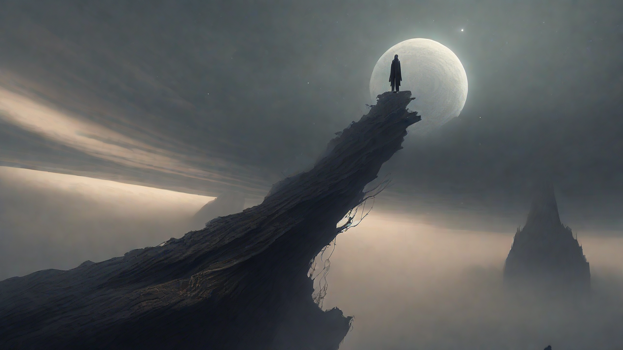 In a swirling void, a lone figure stands on the abyssal precipice, illuminated by the dying star, as they embark on a perilous journey through eternal darkness towards an unknown and mysterious destination.