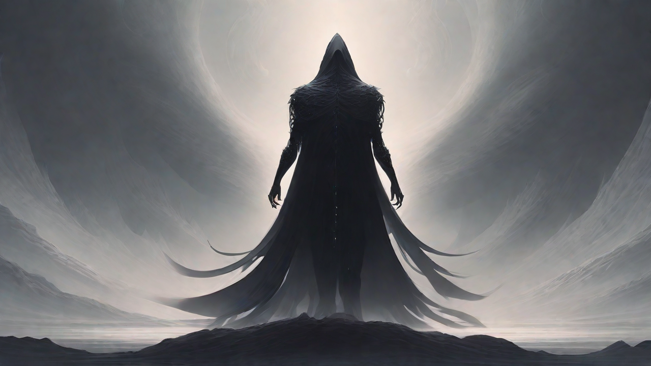 As the void's abyssal silence envelops them, a figure stands at the edge, their footsteps echoing through the void, guided by an unseen power that pushes them towards an otherworldly realm, where eternal rebirth awaits.