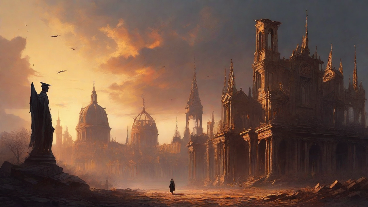 A hauntingly beautiful, ruined cityscape, with crumbling spires and grand architecture, set against a backdrop of a perpetual, golden sunset, with a lone figure dancing amidst the ruins.