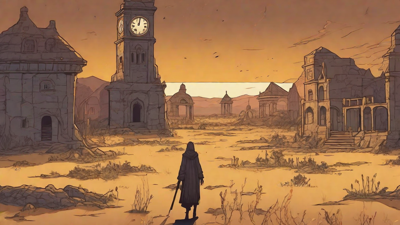 Barren wasteland, skeletal ruins, overgrown gardens, lone figure, flickering lanterns, and a broken clock tower in the distance, set against a perpetual golden sunset.