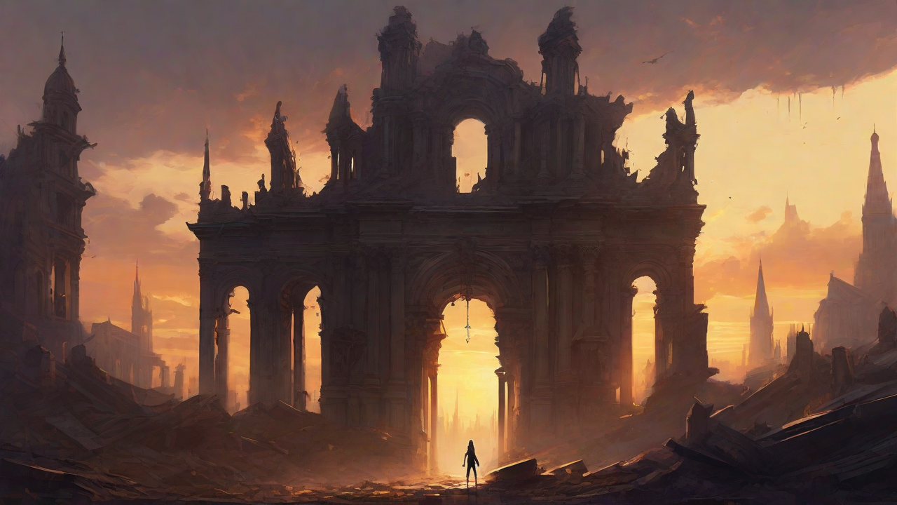 A hauntingly beautiful, ruined cityscape, with crumbling spires and grand architecture, set against a backdrop of a perpetual, golden sunset, with a lone figure dancing amidst the ruins.