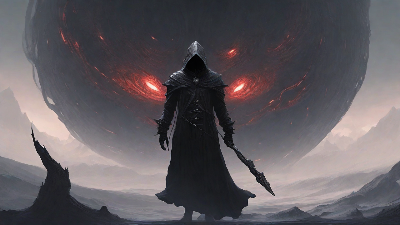 Guided by the void's dark whispers, a lone traveler ventures into the abyss, navigating through a realm of eternal darkness, guided by an unknown force that seeks rebirth and liberation from the void's grasp.