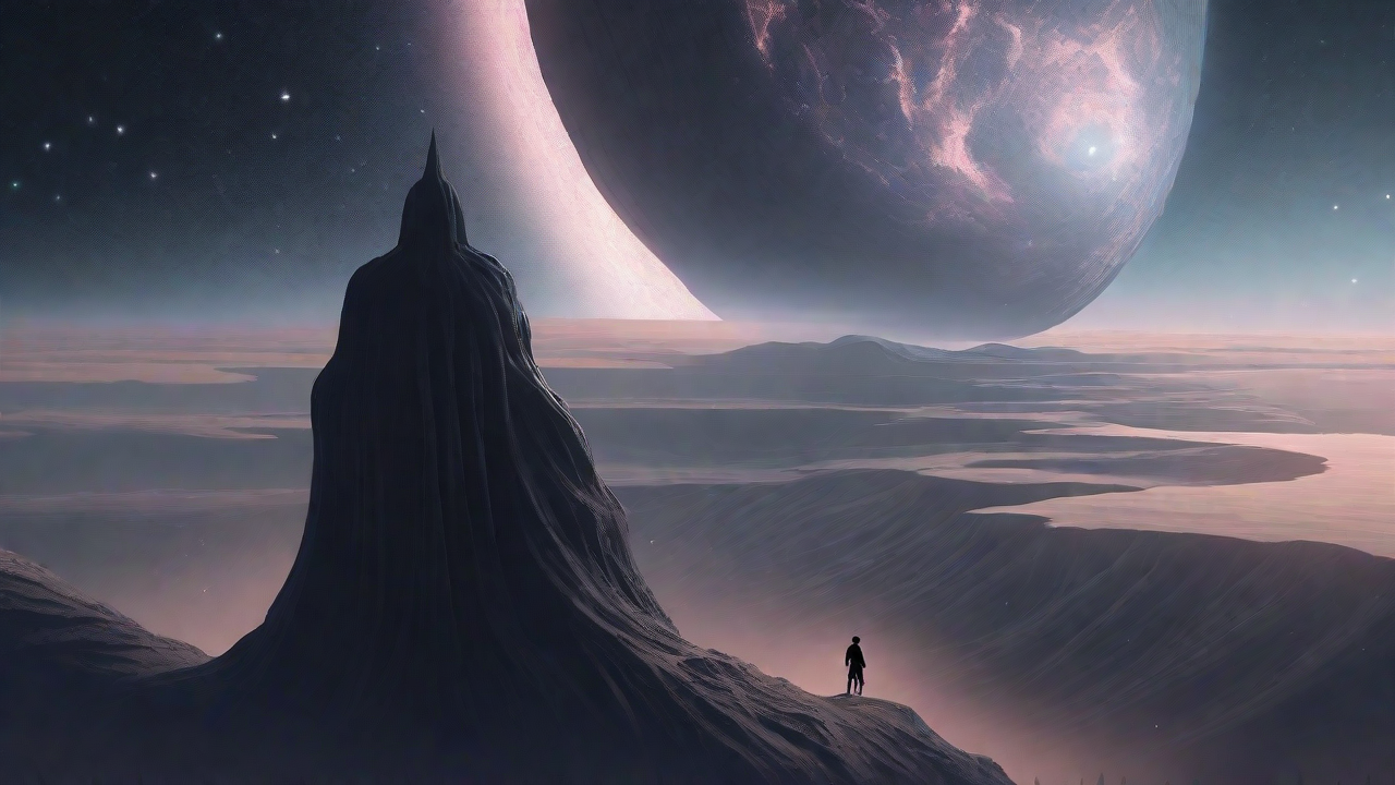 In a swirling void, a lone figure stands on the abyssal precipice, illuminated by the dying star, as they embark on a perilous journey through eternal darkness towards an unknown and mysterious destination.