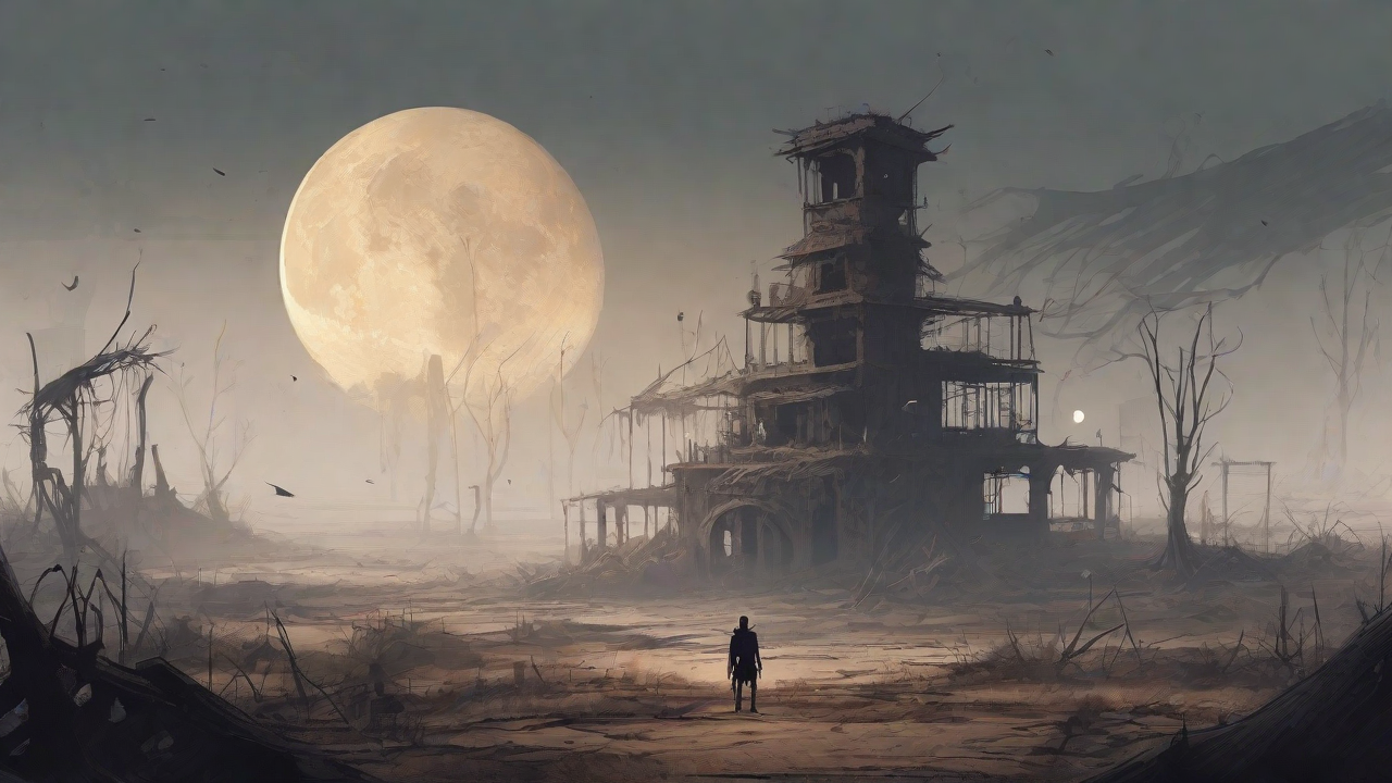 A barren, post-apocalyptic landscape with skeletal ruins, overgrown gardens, and a lone figure standing amidst the desolation, surrounded by flickering lanterns and a distant hint of a broken clock tower.