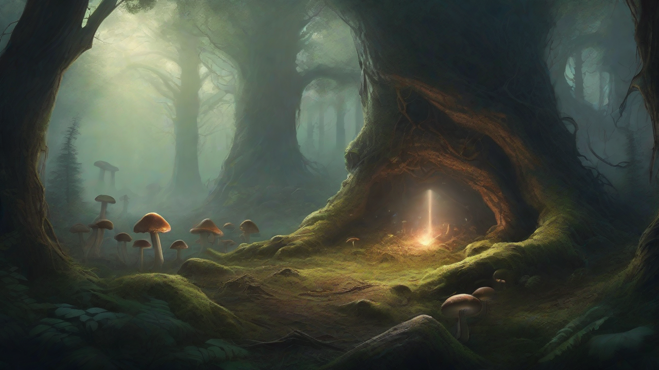 A bleak, mystical forest, where ancient trees loom over a clearing, surrounded by a ring of mushrooms, and a faint glow emanates from a lone, glowing artifact, pulsing with an otherworldly energy.