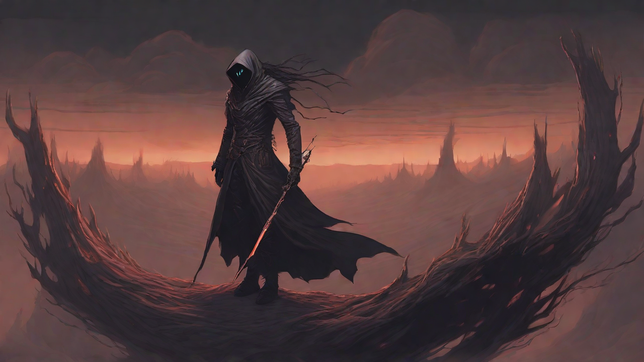 Guided by the void's dark whispers, a lone traveler ventures into the abyss, navigating through a realm of eternal darkness, guided by an unknown force that seeks rebirth and liberation from the void's grasp.