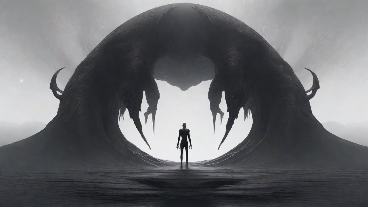 As the void's abyssal silence envelops them, a figure stands at the edge, their footsteps echoing through the void, guided by an unseen power that pushes them towards an otherworldly realm, where eternal rebirth awaits.