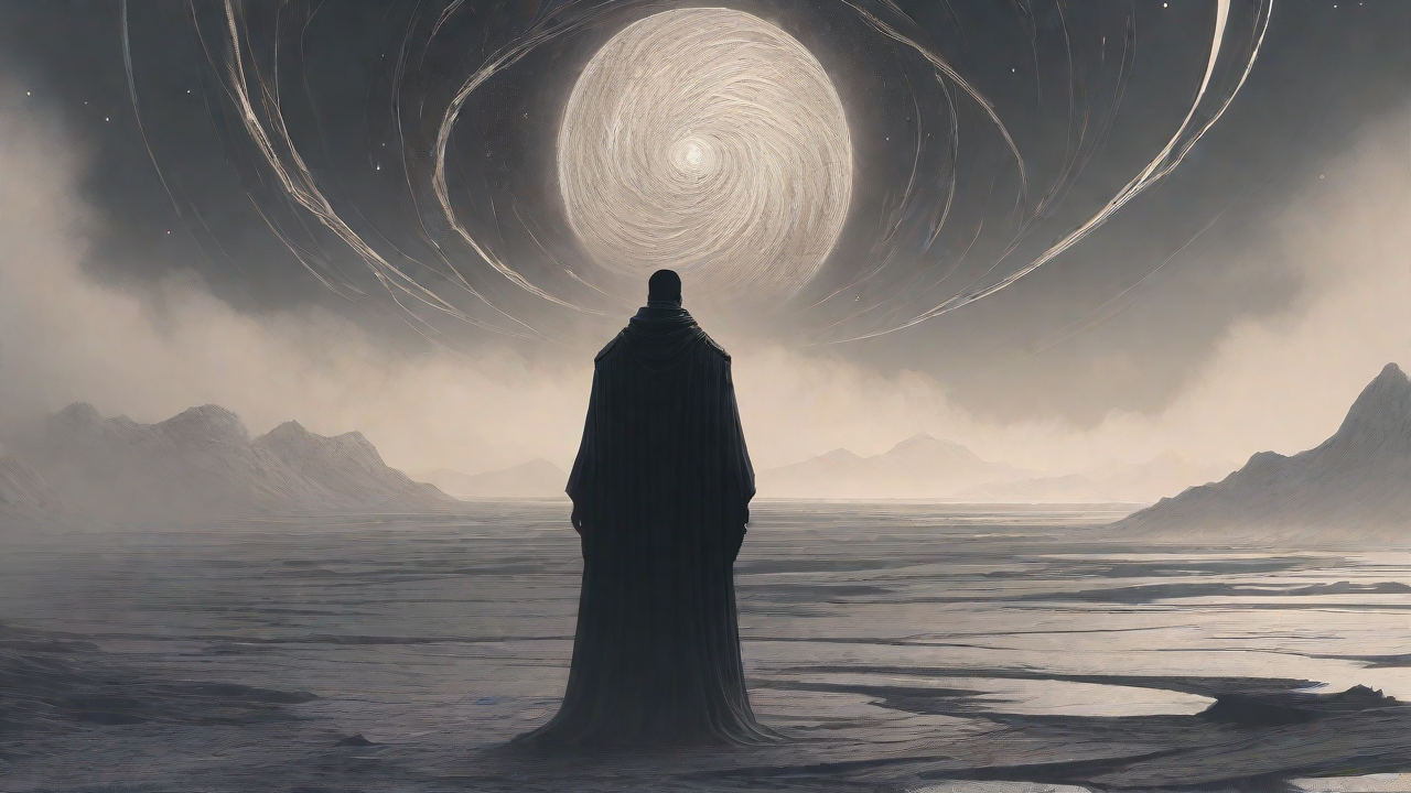 In a swirling void, a lone figure stands on the abyssal precipice, illuminated by the dying star, as they embark on a perilous journey through eternal darkness towards an unknown and mysterious destination.