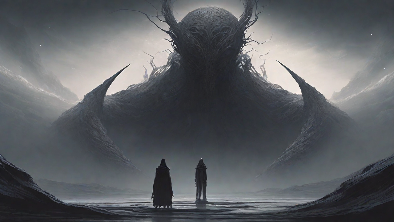 As the void's abyssal silence envelops them, a figure stands at the edge, their footsteps echoing through the void, guided by an unseen power that pushes them towards an otherworldly realm, where eternal rebirth awaits.