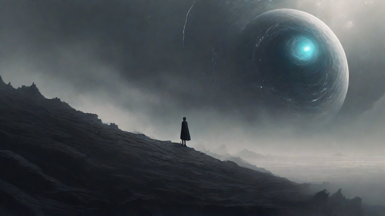 In a swirling void, a lone figure stands on the abyssal precipice, illuminated by the dying star, as they embark on a perilous journey through eternal darkness towards an unknown and mysterious destination.