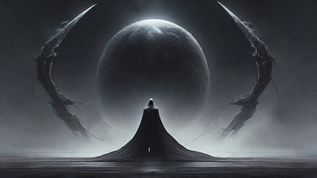 As the void's abyssal silence envelops them, a figure stands at the edge, their footsteps echoing through the void, guided by an unseen power that pushes them towards an otherworldly realm, where eternal rebirth awaits.