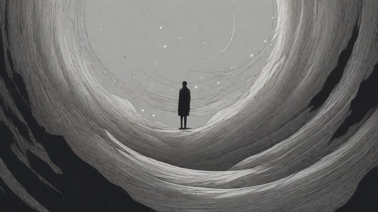 In a swirling void, a lone figure stands on the abyssal precipice, illuminated by the dying star, as they embark on a perilous journey through eternal darkness towards an unknown and mysterious destination.