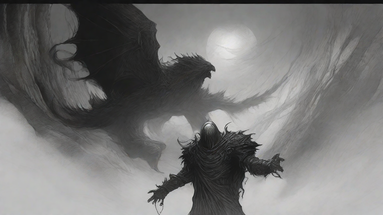 Guided by the void's dark whispers, a lone traveler ventures into the abyss, navigating through a realm of eternal darkness, guided by an unknown force that seeks rebirth and liberation from the void's grasp.
