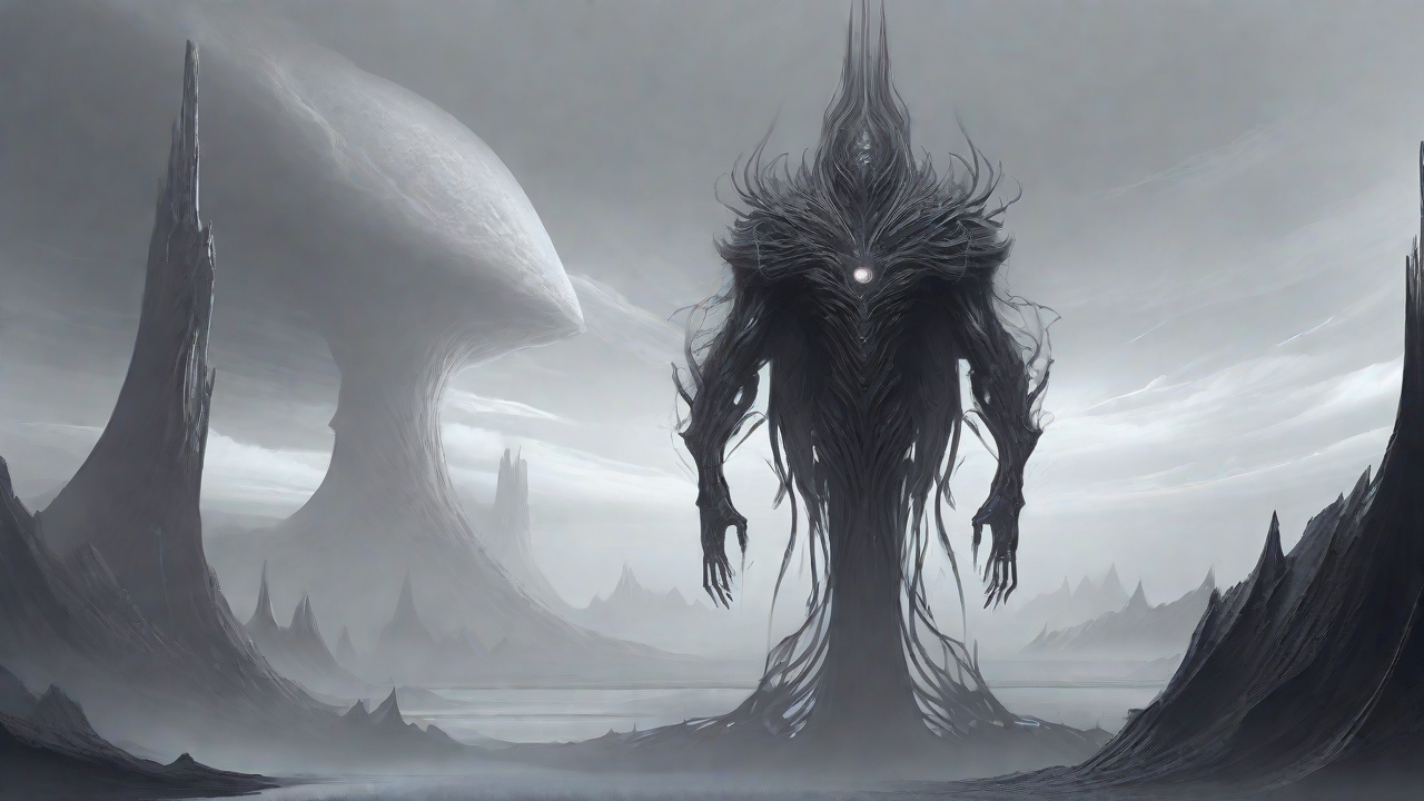 As the void's abyssal silence envelops them, a figure stands at the edge, their footsteps echoing through the void, guided by an unseen power that pushes them towards an otherworldly realm, where eternal rebirth awaits.