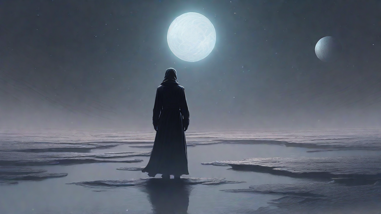 In a swirling void, a lone figure stands on the abyssal precipice, illuminated by the dying star, as they embark on a perilous journey through eternal darkness towards an unknown and mysterious destination.